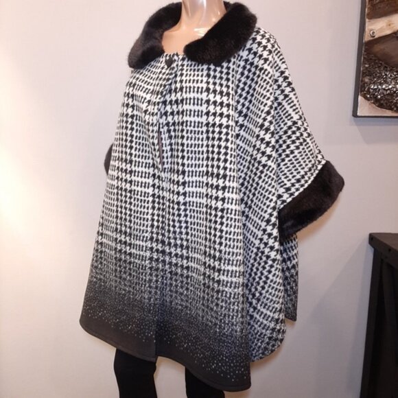 Marina Luna Houndstooth Cloak Winter Fleece Cape Poncho Coat Faux Fur Trim L XL - Picture 6 of 15